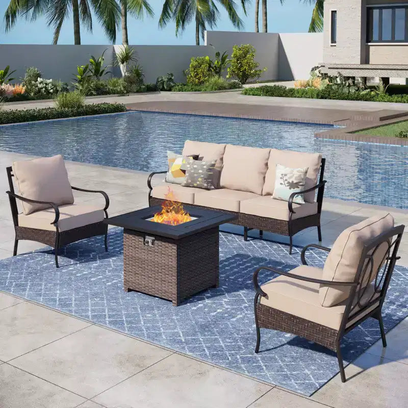 Captiva Designs 4pc Extra Large Metal and Rattan Outdoor Patio Fire Pit Set with Armchairs