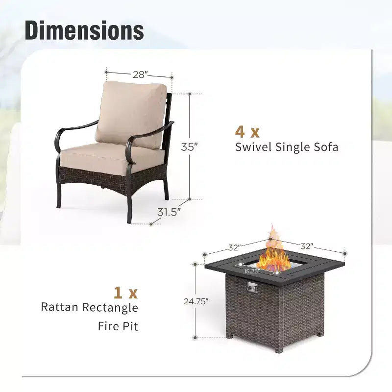 Captiva Designs Ensemble de salon de jardin avec braseros, 4 pièces, en métal et rotin, très grand
