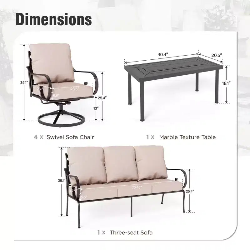 Captiva Designs Salon de jardin 6 pièces extra large en métal avec chaises pivotantes à dossier décoré