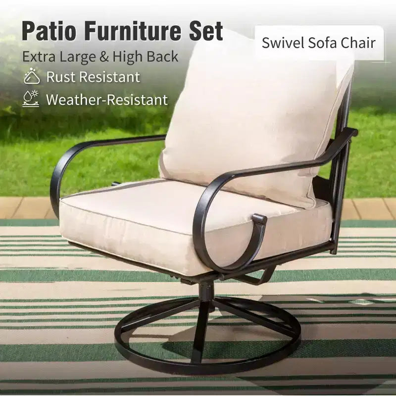 Captiva Designs Salon de jardin 6 pièces extra large en métal avec chaises pivotantes à dossier décoré