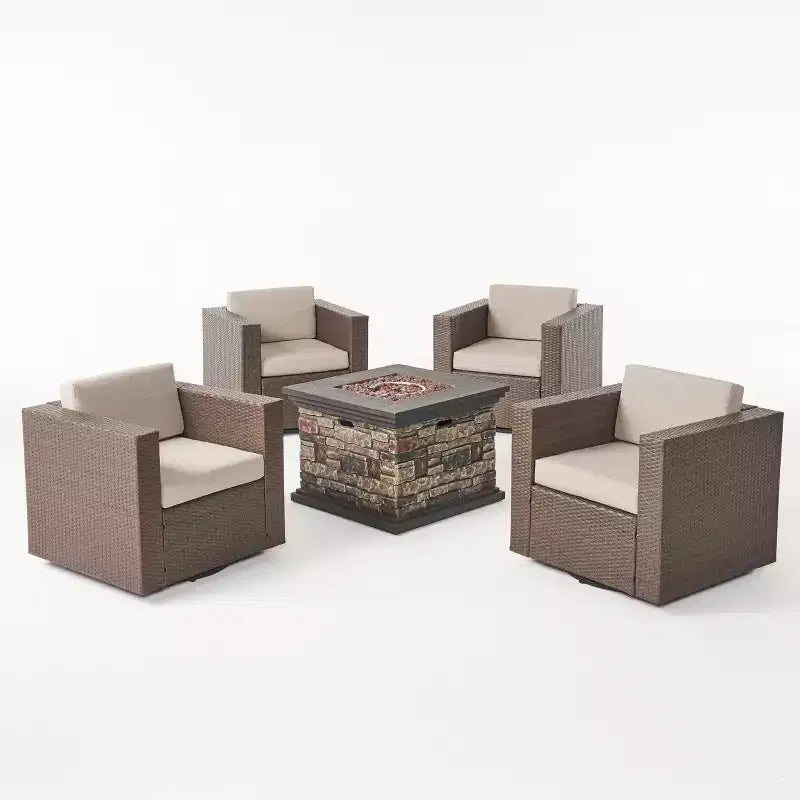 GDFStudio Venice Outdoor Wicker 5 Piece Swivel Club Chair and Fire Pit Set