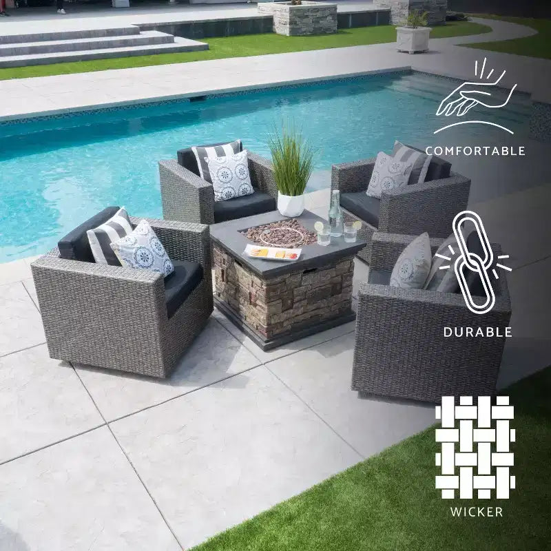 Ensemble de 5 pièces GDFStudio Venice en osier pour extérieur avec fauteuils pivotants et foyer