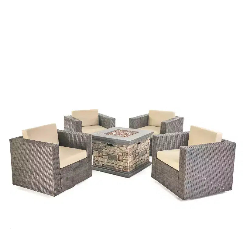Ensemble de 5 pièces GDFStudio Venice en osier pour extérieur avec fauteuils pivotants et foyer