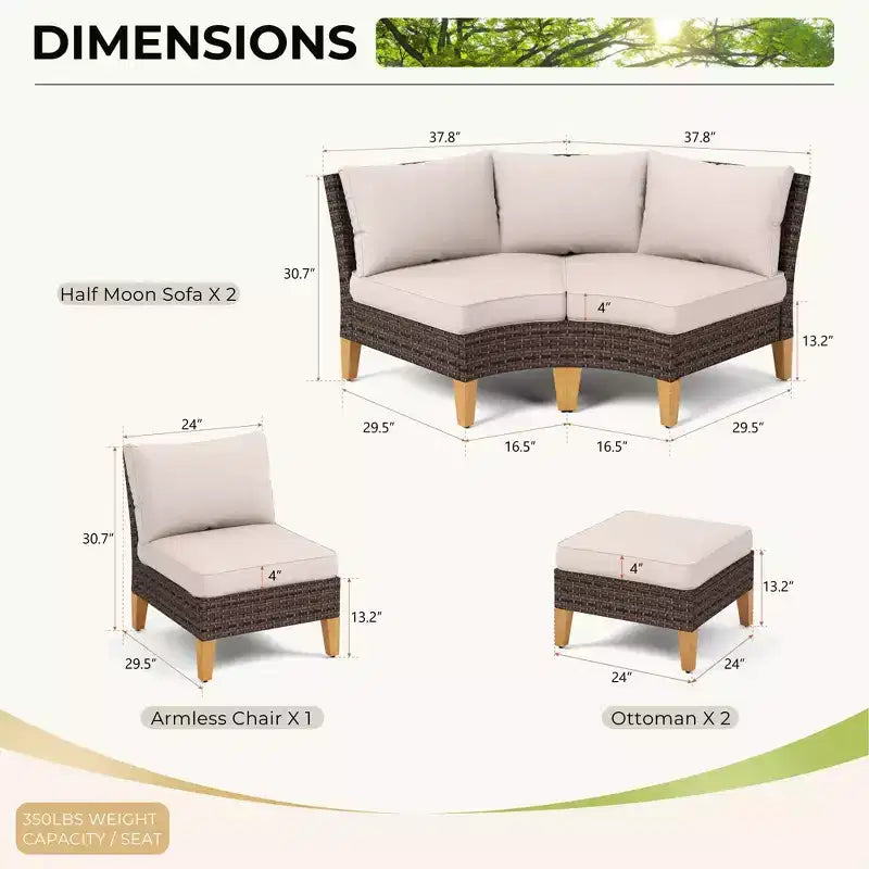 Captiva Designs Ensemble de canapés modulaires incurvés demi-lune en rotin osier 7 pièces pour l'extérieur avec pouf rembourré