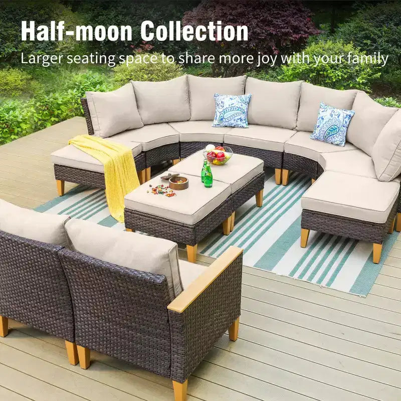 Captiva Designs Ensemble de canapés modulaires incurvés demi-lune en rotin osier 7 pièces pour l'extérieur avec pouf rembourré