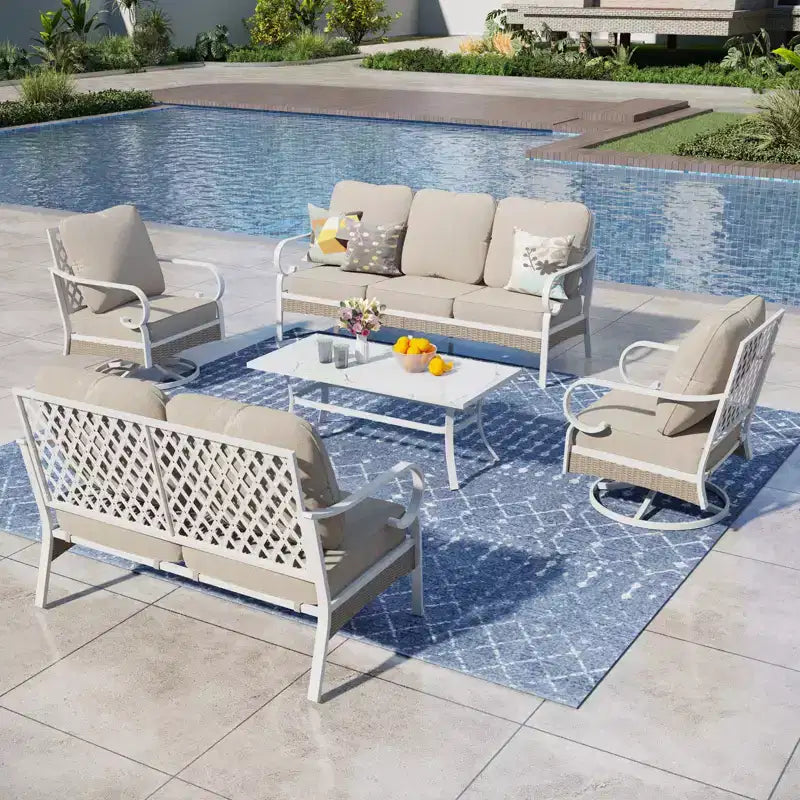Captiva Designs Ensemble de conversation d'extérieur 5 pièces extra large en métal et rotin avec fauteuils pivotants à dossier en treillis et causeuse