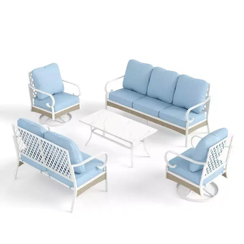 Captiva Designs Ensemble de conversation d'extérieur 5 pièces extra large en métal et rotin avec fauteuils pivotants à dossier en treillis et causeuse