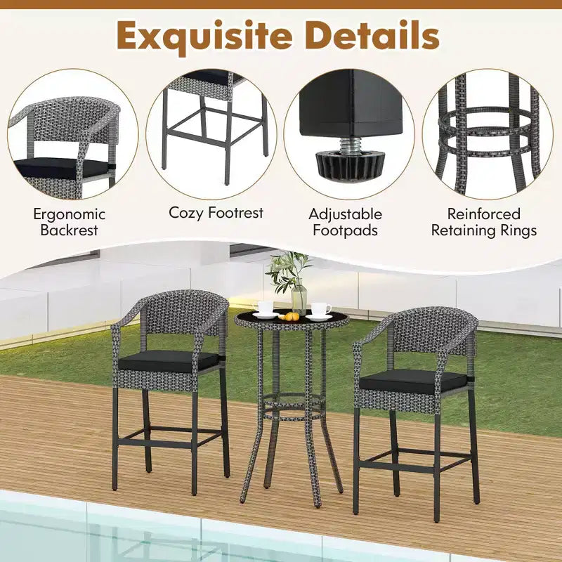 Ensemble de bar 3 pièces Costway en rotin pour patio avec tabourets de bar en osier et table ronde