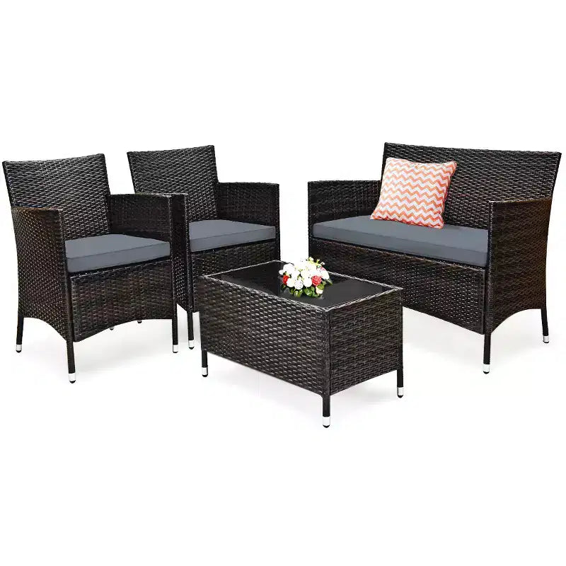 Costway Ensemble de Meubles de Jardin 4 pièces en Rotin avec Table, Étagère et Canapé, Coussins Turquoise/Rouge/Gris
