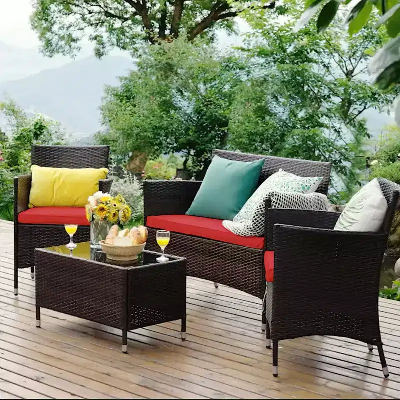 Costway Ensemble de Meubles de Jardin 4 pièces en Rotin avec Table, Étagère et Canapé, Coussins Turquoise/Rouge/Gris