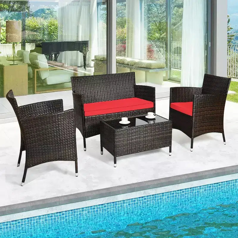 Costway Ensemble de Meubles de Jardin 4 pièces en Rotin avec Table, Étagère et Canapé, Coussins Turquoise/Rouge/Gris