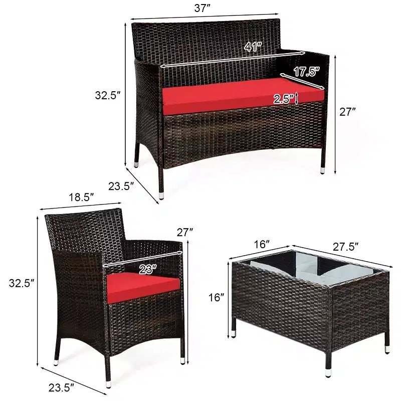 Costway Ensemble de Meubles de Jardin 4 pièces en Rotin avec Table, Étagère et Canapé, Coussins Turquoise/Rouge/Gris