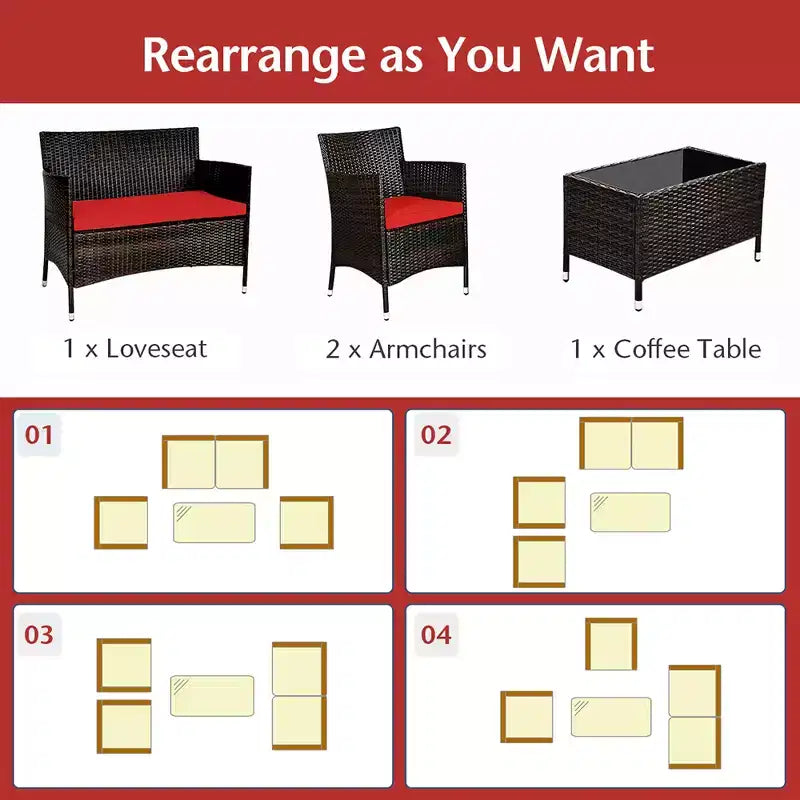 Costway Ensemble de Meubles de Jardin 4 pièces en Rotin avec Table, Étagère et Canapé, Coussins Turquoise/Rouge/Gris