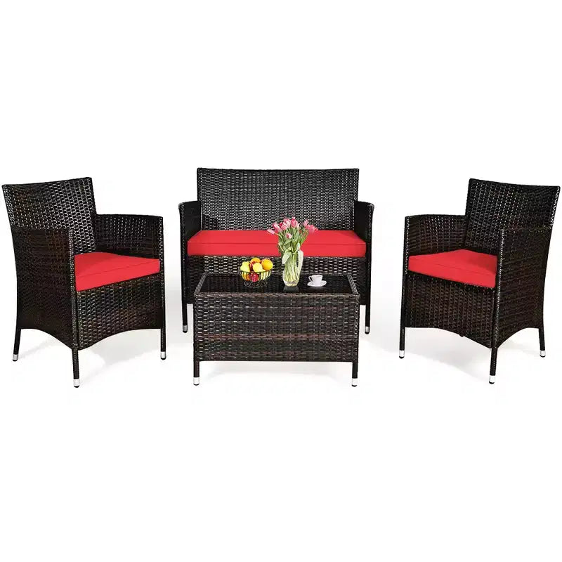 Costway Ensemble de Meubles de Jardin 4 pièces en Rotin avec Table, Étagère et Canapé, Coussins Turquoise/Rouge/Gris
