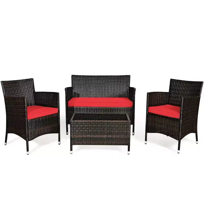Costway Ensemble de Meubles de Jardin 4 pièces en Rotin avec Table, Étagère et Canapé, Coussins Turquoise/Rouge/Gris