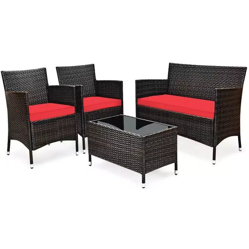 Costway Ensemble de Meubles de Jardin 4 pièces en Rotin avec Table, Étagère et Canapé, Coussins Turquoise/Rouge/Gris
