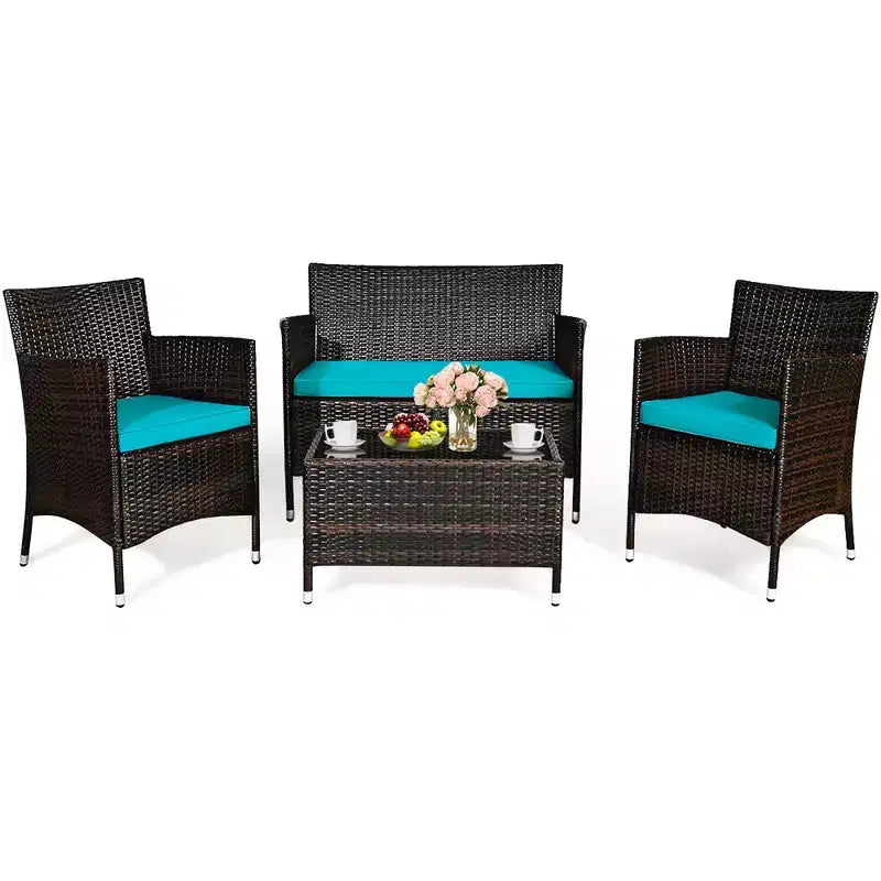 Costway Ensemble de Meubles de Jardin 4 pièces en Rotin avec Table, Étagère et Canapé, Coussins Turquoise/Rouge/Gris