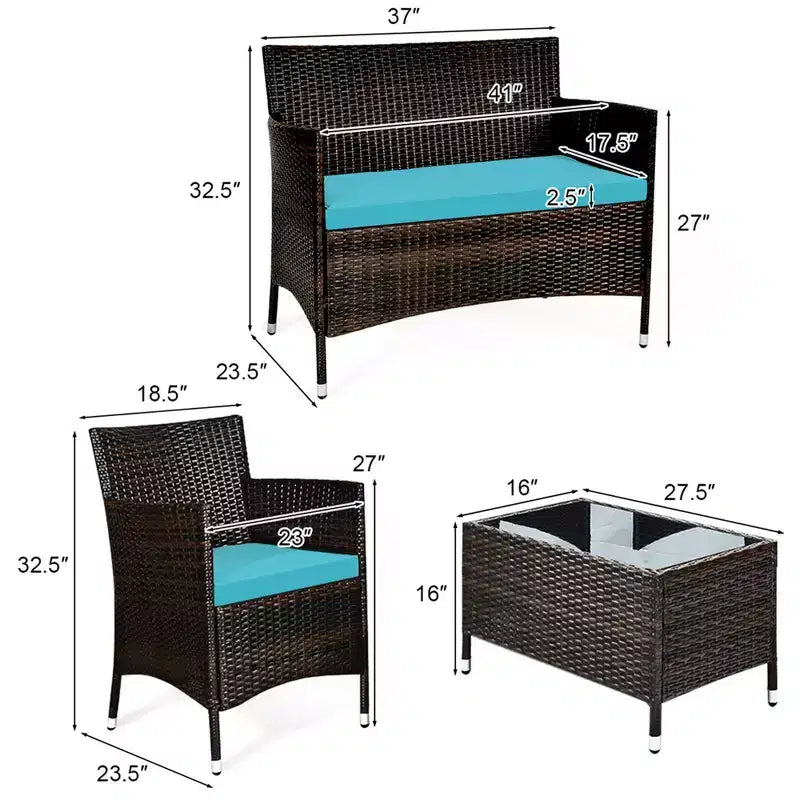 Costway Ensemble de Meubles de Jardin 4 pièces en Rotin avec Table, Étagère et Canapé, Coussins Turquoise/Rouge/Gris