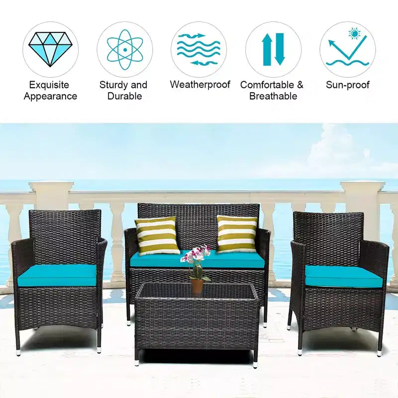 Costway Ensemble de Meubles de Jardin 4 pièces en Rotin avec Table, Étagère et Canapé, Coussins Turquoise/Rouge/Gris