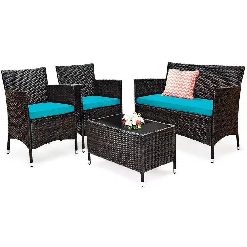 Costway Ensemble de Meubles de Jardin 4 pièces en Rotin avec Table, Étagère et Canapé, Coussins Turquoise/Rouge/Gris