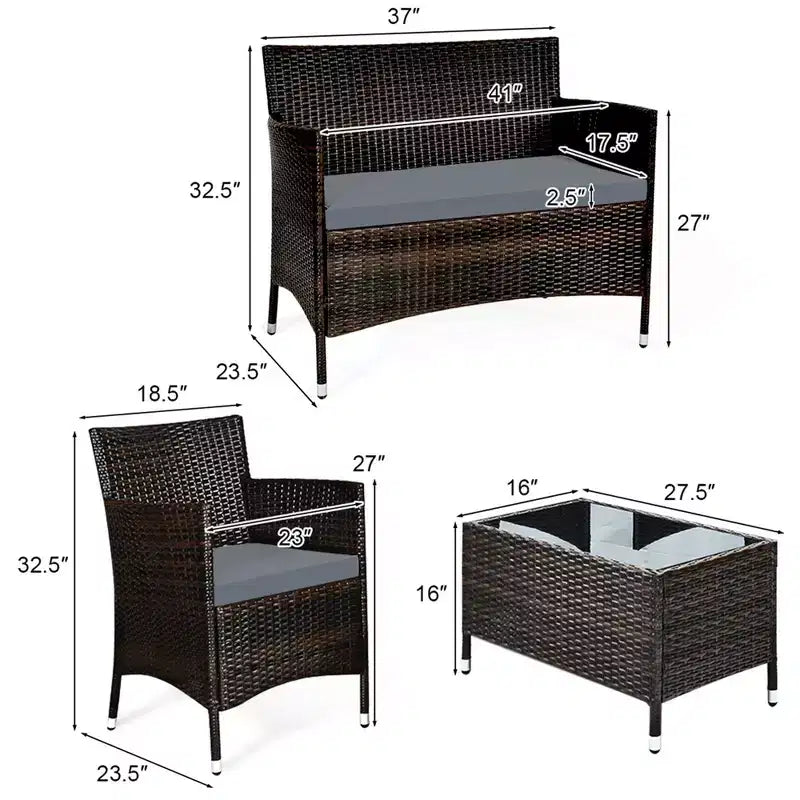 Costway Ensemble de Meubles de Jardin 4 pièces en Rotin avec Table, Étagère et Canapé, Coussins Turquoise/Rouge/Gris
