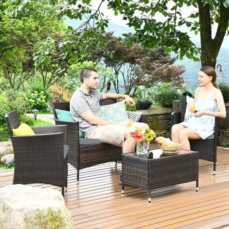 Costway Ensemble de Meubles de Jardin 4 pièces en Rotin avec Table, Étagère et Canapé, Coussins Turquoise/Rouge/Gris