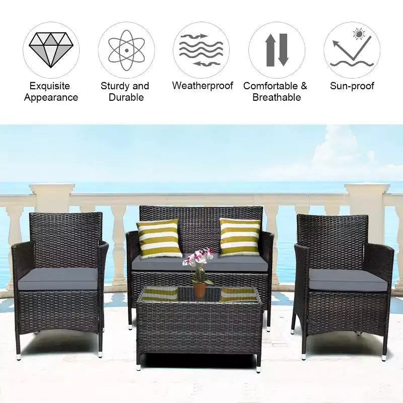Costway Ensemble de Meubles de Jardin 4 pièces en Rotin avec Table, Étagère et Canapé, Coussins Turquoise/Rouge/Gris