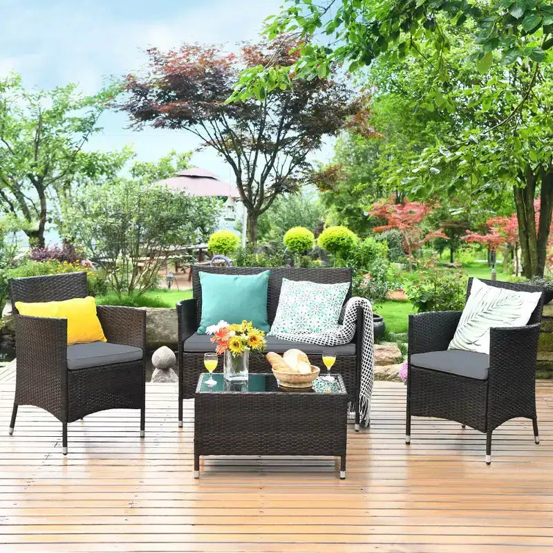 Costway 4PCS Outdoor Patio Rattan Furniture Set Table Shelf Sofa W/ Turquoise/Red/Gray Cushion
