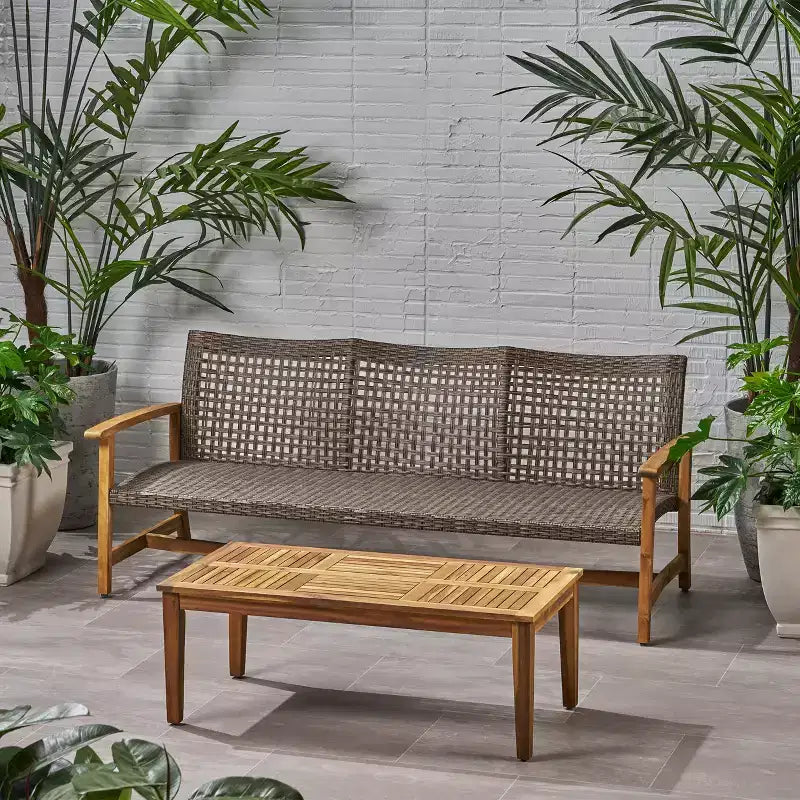 Christopher Knight Home Sewell Ensemble canapé 3 places et table basse en bois d'acacia et osier d'extérieur
