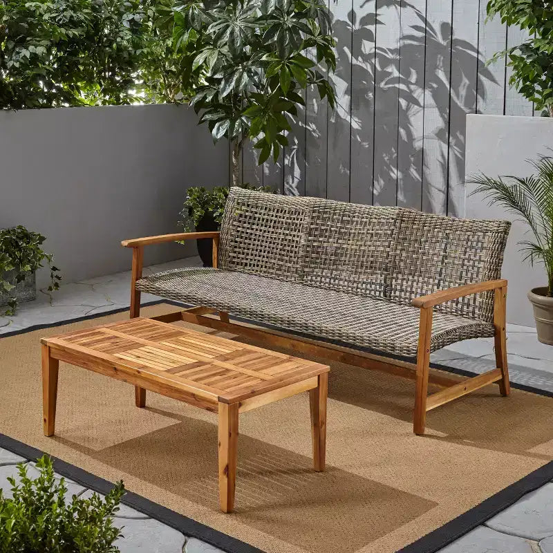 Christopher Knight Home Sewell Ensemble canapé 3 places et table basse en bois d'acacia et osier d'extérieur