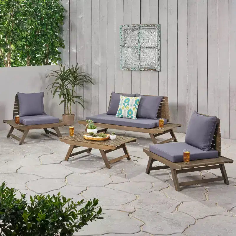 Christopher Knight Home Sedona Ensemble de conversation d'extérieur 4 places en bois d'acacia avec coussins