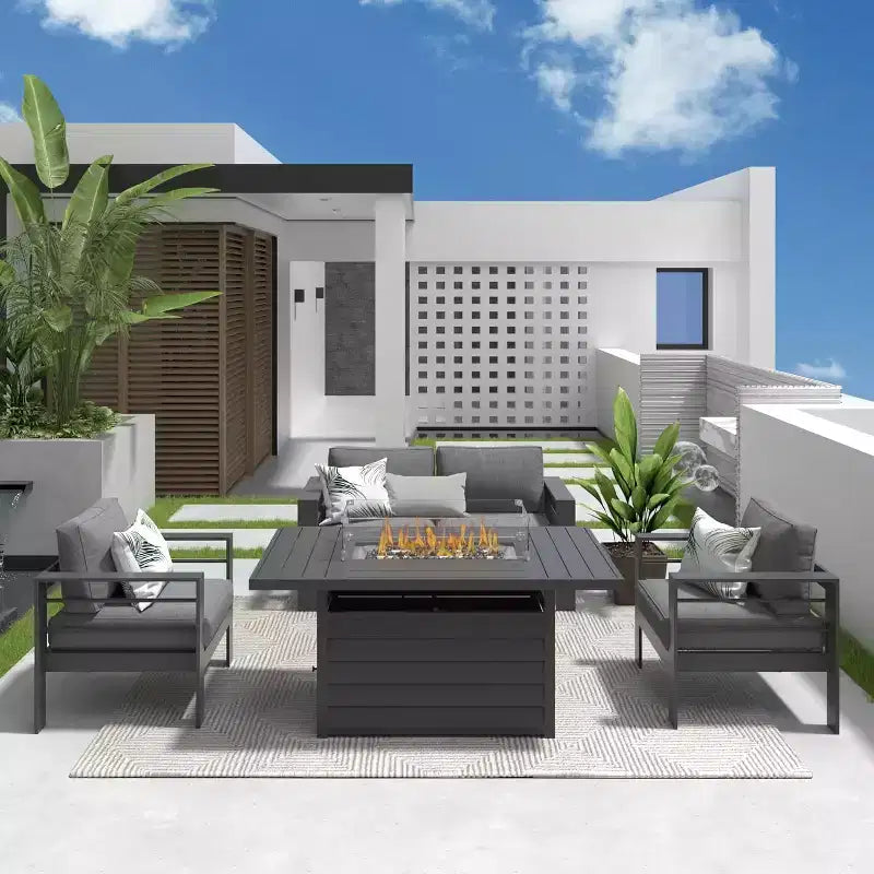 Ensemble de mobilier de jardin en aluminium Heynemo avec table brasero, mobilier d'extérieur en métal 4 pièces avec coussins pour jardin