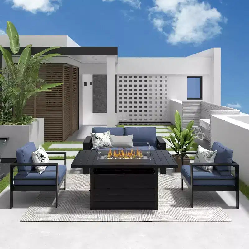 Ensemble de mobilier de jardin en aluminium Heynemo avec table brasero, mobilier d'extérieur en métal 4 pièces avec coussins pour jardin
