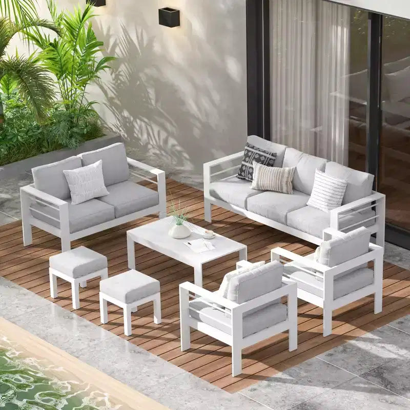 Ensemble de mobilier de jardin en aluminium Heynemo avec repose-pieds, canapé d'extérieur modulable en métal avec coussin de 5 pouces et table basse pour balcon, jardin