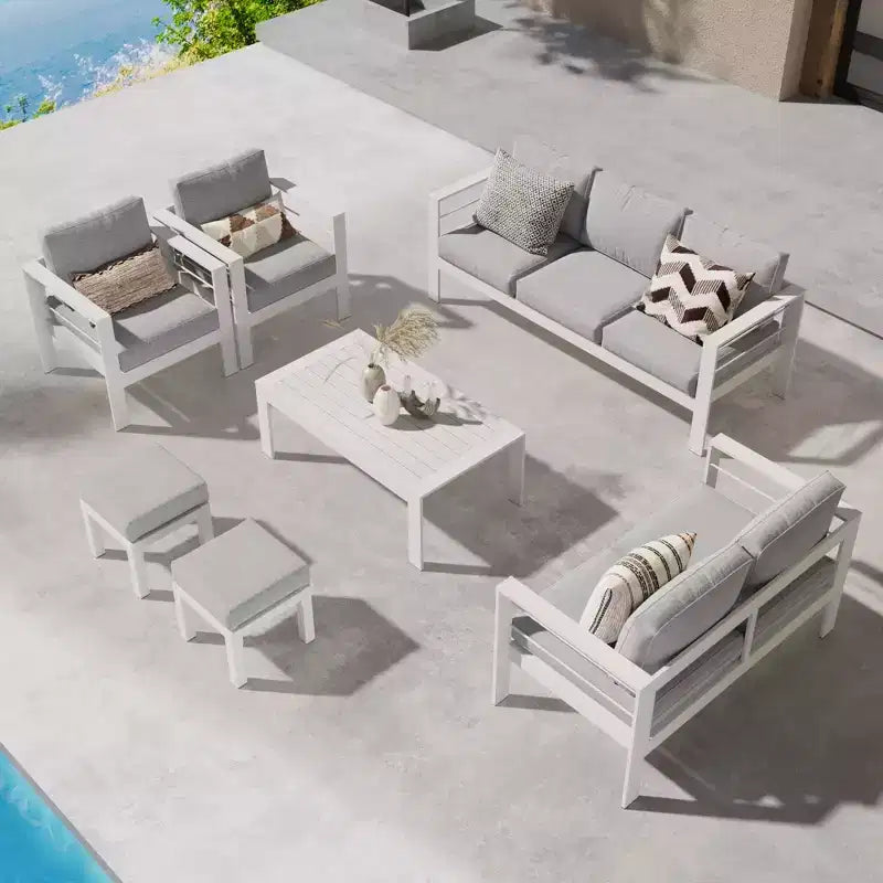 Ensemble de mobilier de jardin en aluminium Heynemo avec repose-pieds, canapé d'extérieur modulable en métal avec coussin de 5 pouces et table basse pour balcon, jardin