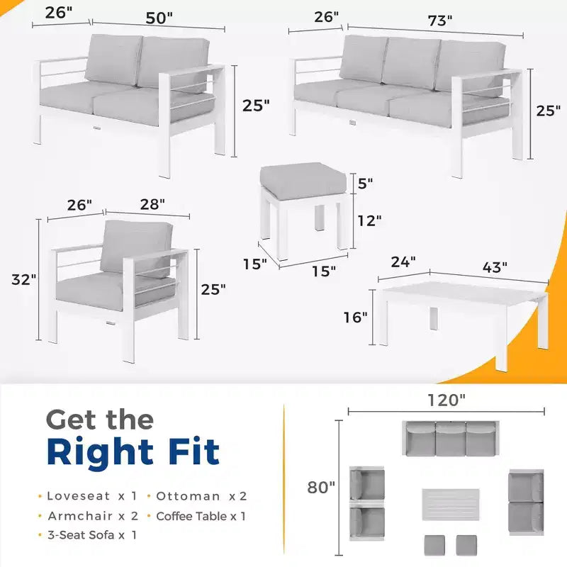 Ensemble de mobilier de jardin en aluminium Heynemo avec repose-pieds, canapé d'extérieur modulable en métal avec coussin de 5 pouces et table basse pour balcon, jardin