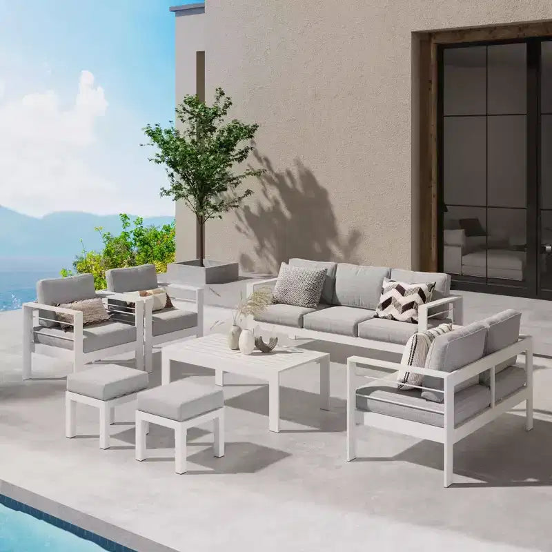 Ensemble de mobilier de jardin en aluminium Heynemo avec repose-pieds, canapé d'extérieur modulable en métal avec coussin de 5 pouces et table basse pour balcon, jardin