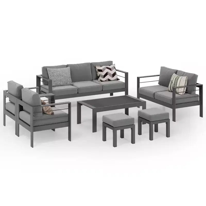 Ensemble de mobilier de jardin en aluminium Heynemo avec repose-pieds, canapé d'extérieur modulable en métal avec coussin de 5 pouces et table basse pour balcon, jardin