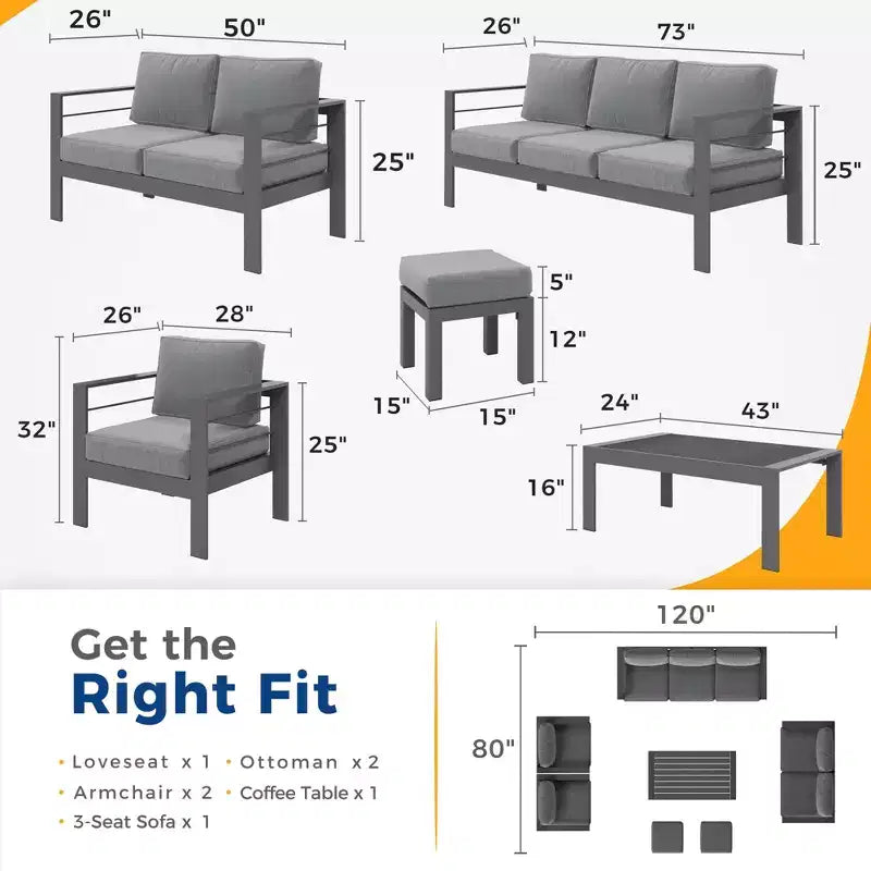 Ensemble de mobilier de jardin en aluminium Heynemo avec repose-pieds, canapé d'extérieur modulable en métal avec coussin de 5 pouces et table basse pour balcon, jardin