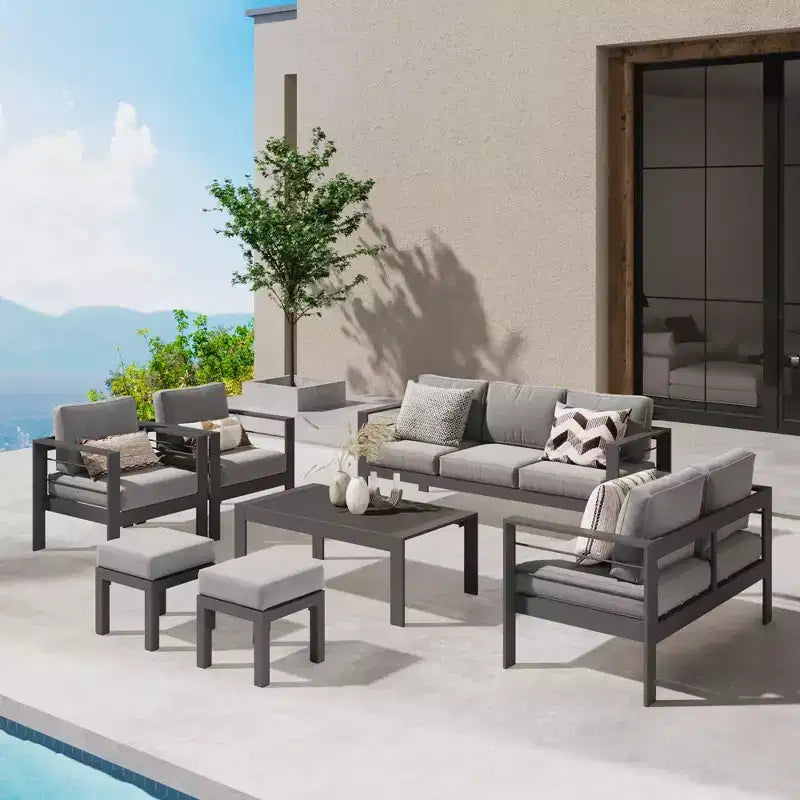 Ensemble de mobilier de jardin en aluminium Heynemo avec repose-pieds, canapé d'extérieur modulable en métal avec coussin de 5 pouces et table basse pour balcon, jardin
