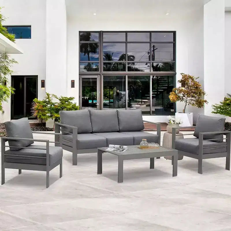 Ensemble de meubles de patio d'extérieur en aluminium Heynemo, ensemble de conversation moderne d'extérieur de 4 pièces avec canapé modulable, coussin et table basse pour balcon
