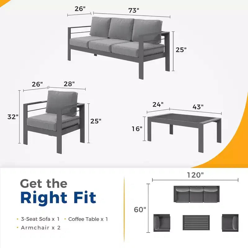 Ensemble de meubles de patio d'extérieur en aluminium Heynemo, ensemble de conversation moderne d'extérieur de 4 pièces avec canapé modulable, coussin et table basse pour balcon