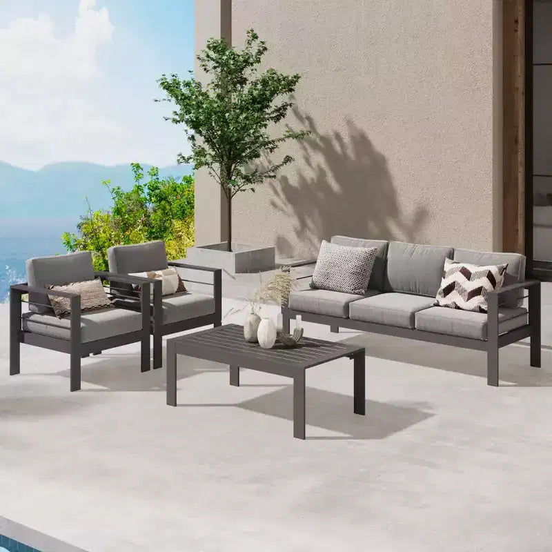 Ensemble de meubles de patio d'extérieur en aluminium Heynemo, ensemble de conversation moderne d'extérieur de 4 pièces avec canapé modulable, coussin et table basse pour balcon