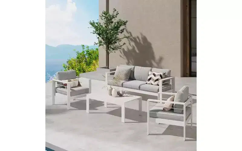 Ensemble de meubles de patio d'extérieur en aluminium Heynemo, ensemble de conversation moderne d'extérieur de 4 pièces avec canapé modulable, coussin et table basse pour balcon