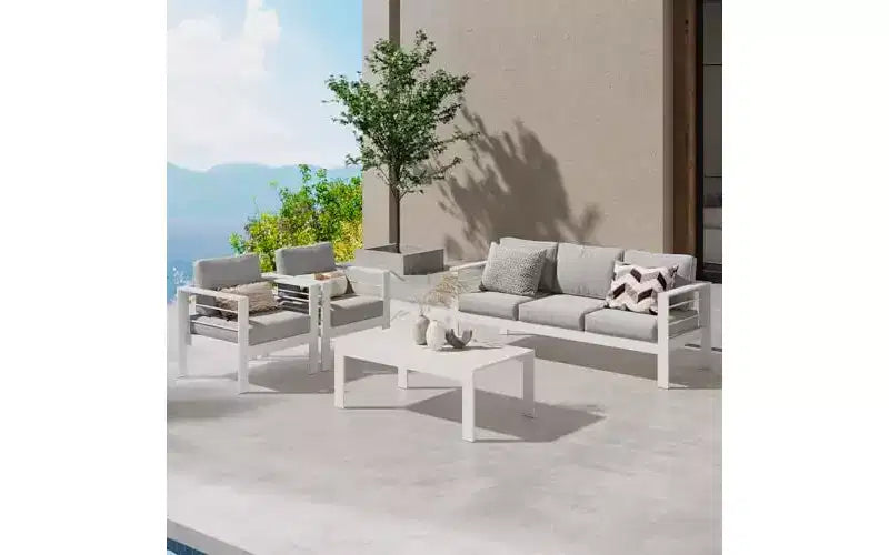 Ensemble de meubles de patio d'extérieur en aluminium Heynemo, ensemble de conversation moderne d'extérieur de 4 pièces avec canapé modulable, coussin et table basse pour balcon
