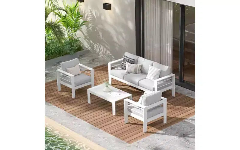 Ensemble de meubles de patio d'extérieur en aluminium Heynemo, ensemble de conversation moderne d'extérieur de 4 pièces avec canapé modulable, coussin et table basse pour balcon