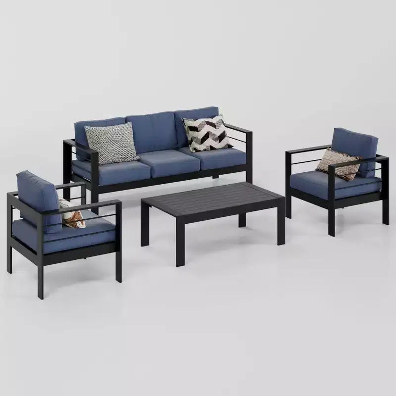 Ensemble de meubles de patio d'extérieur en aluminium Heynemo, ensemble de conversation moderne d'extérieur de 4 pièces avec canapé modulable, coussin et table basse pour balcon
