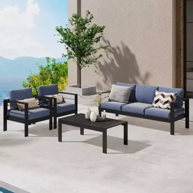 Ensemble de meubles de patio d'extérieur en aluminium Heynemo, ensemble de conversation moderne d'extérieur de 4 pièces avec canapé modulable, coussin et table basse pour balcon