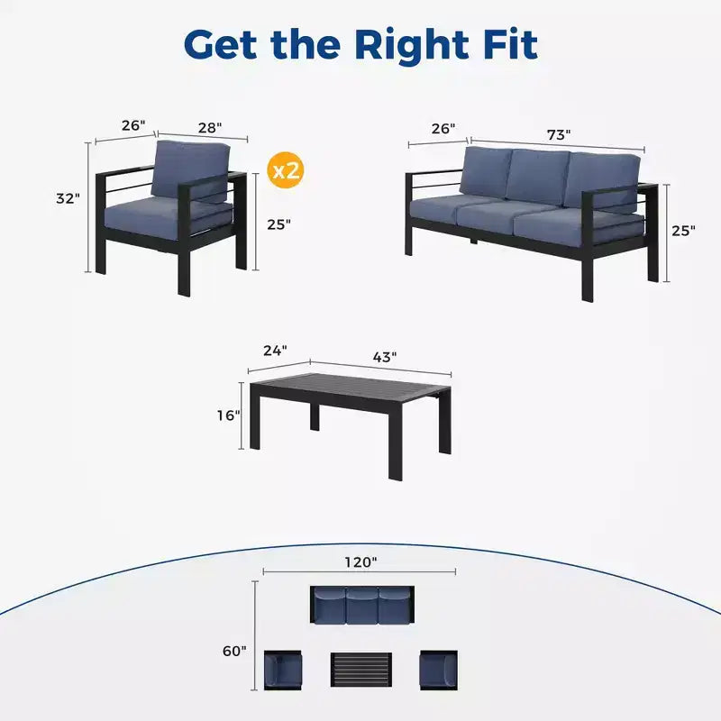 Ensemble de meubles de patio d'extérieur en aluminium Heynemo, ensemble de conversation moderne d'extérieur de 4 pièces avec canapé modulable, coussin et table basse pour balcon