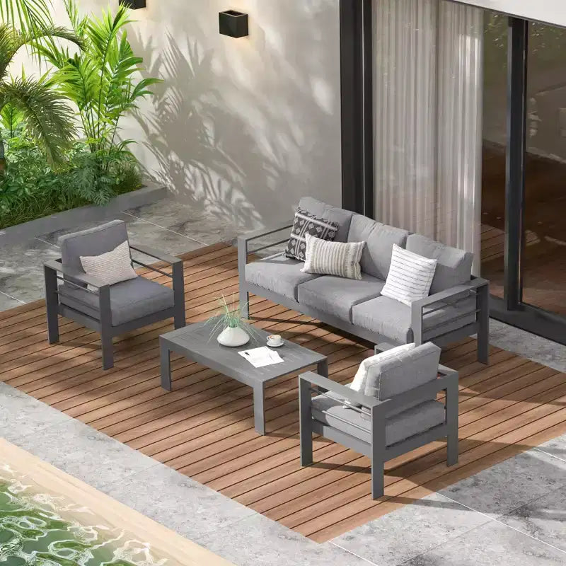 Ensemble de meubles de patio d'extérieur en aluminium Heynemo, ensemble de conversation moderne d'extérieur de 4 pièces avec canapé modulable, coussin et table basse pour balcon